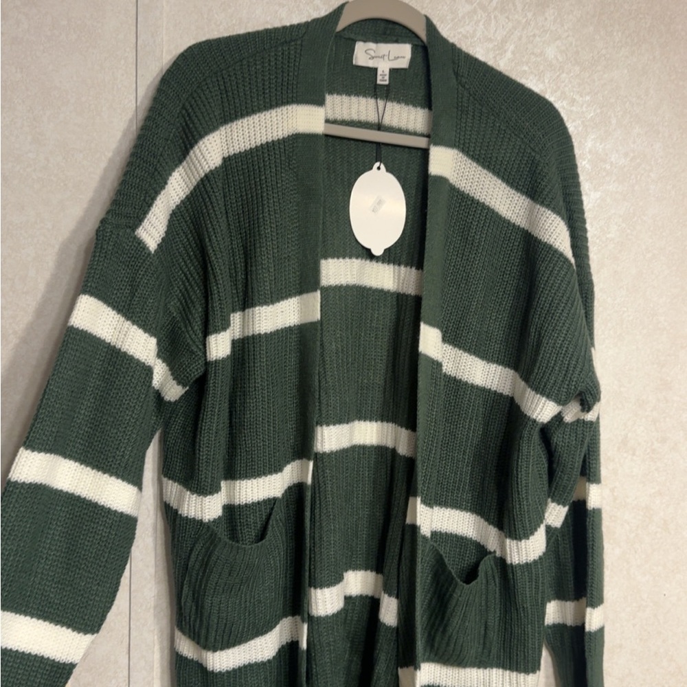 Striped Open-Front Green and White Cardigan Sweater